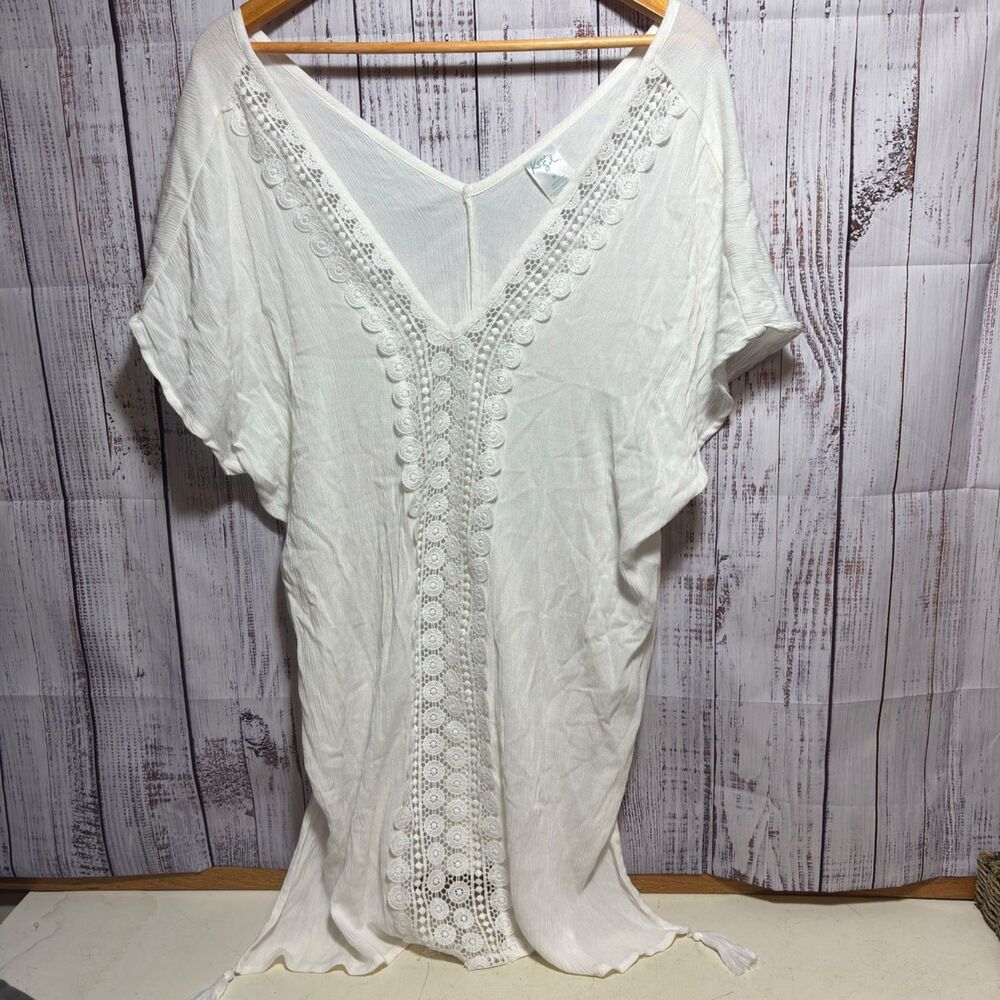 Knox Rose White Boho Tunic Top Womens Medium Lace Tassel Beach Cover Up